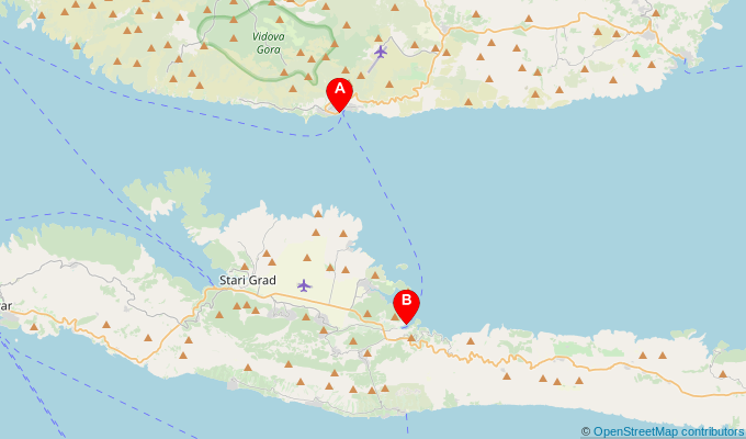 Map of ferry route between Bol (Brac) and Jelsa (Hvar)